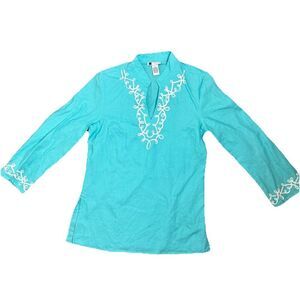 Carole Little Women’s 100% Linen Turquoise Tunic Top 3/4 Sleeve Sz 10 Coastal